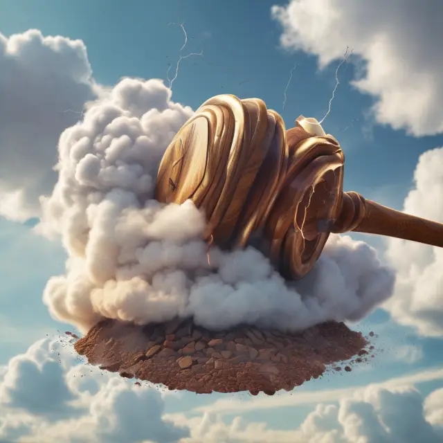 Judge with gavel breaking up clouds on a land title to symbolize the legal process for establishing clear property ownership through quiet title actions