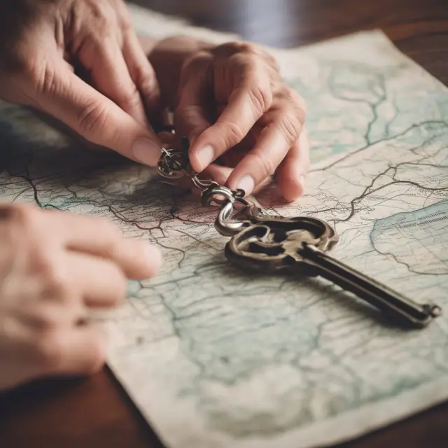 Grantor hands an old key to grantee over a map, representing the transfer of potential property rights via quitclaim deed.