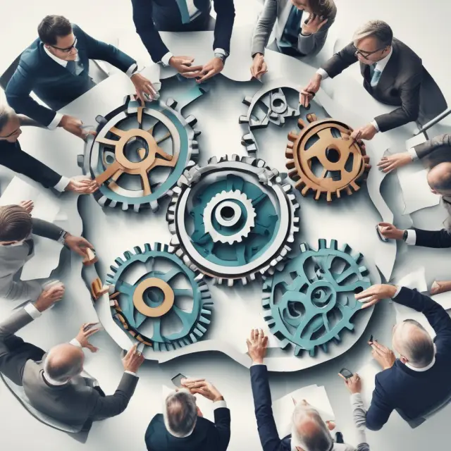 Table of stakeholders gathered around an intricately designed mechanism with gears representing effective decision-making and quorum within corporate governance.