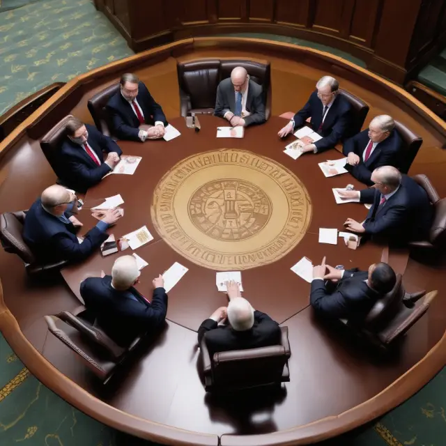 Senators assemble around a circular table to form the required Senate quorum
