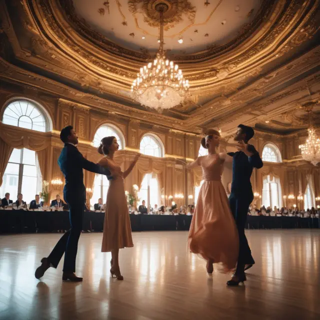 Dancers harmoniously sharing a large ballroom, representing insurers entering into quota share agreements for risk diversification and expertise access.