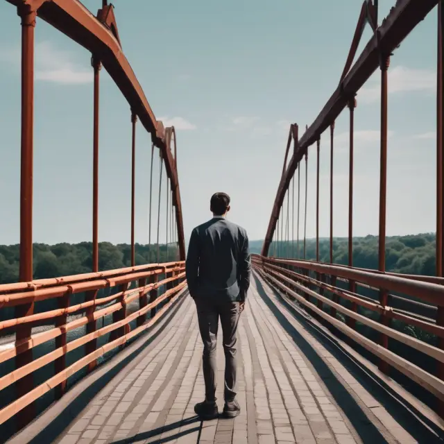 A policyholder stands on a bridge connecting their primary insurer and reinsurer, representing the risk sharing in quota share agreements.