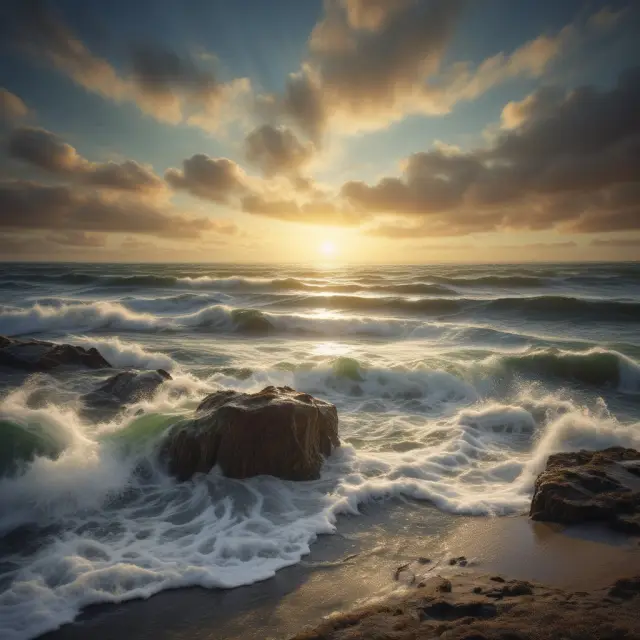 A calming sea with regulators represented as waves enforcing rules, overcoming quote stuffing and maintaining a fair market.
