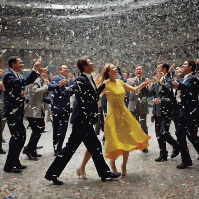 A metaphorical scene depicting the interaction between buyers and sellers, symbolized by dancers, engaging in a dance around a ticker tape stream of stock quotes