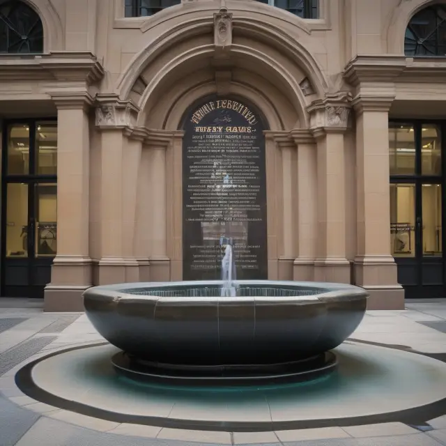 A crystal newsroom fountain with real-time quotes flowing out