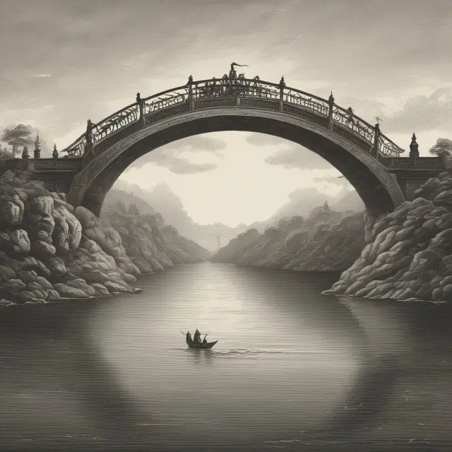 A metaphorical image of bid quotes (blue) and ask quotes (red) forming a bridge over historical price data (wavy water)
