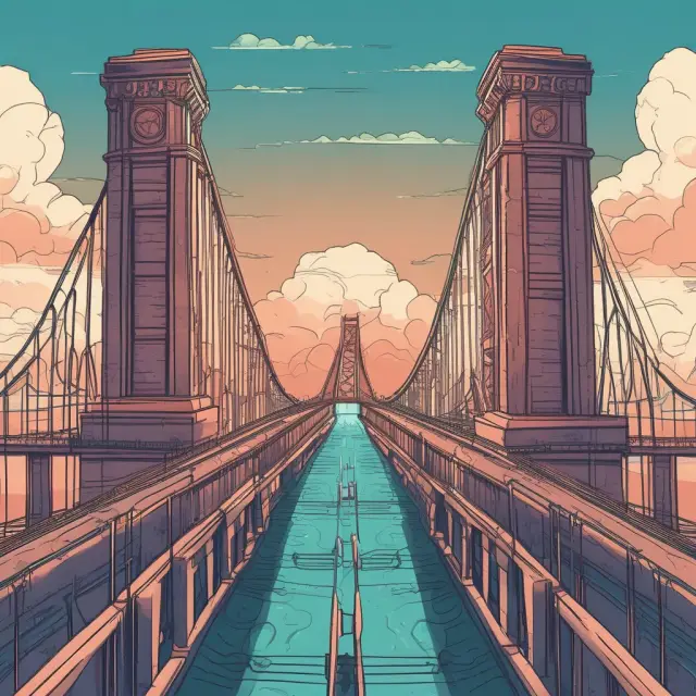 A sturdy bridge linking two banks, symbolizing base and quote currencies, in a flourishing river representing the global forex market.