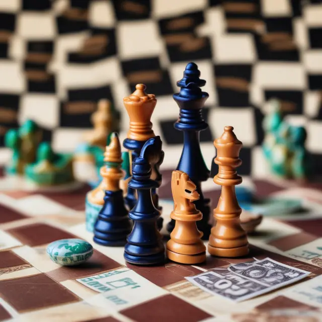 Chessboard displaying various currencies as pieces demonstrating exchange rates