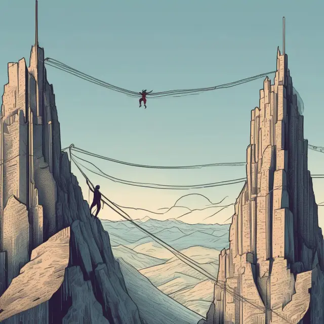 A person on a tightrope balances between two towers representing bid price and ask price, symbolizing their dynamic equilibrium in quoting financial assets.