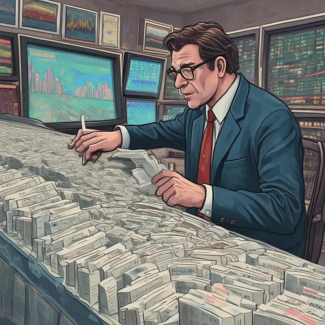 Trader studying bid-ask quotes on an electronic ticker tape that converge into a clear, flowing liquidity river, symbolizing high market liquidity