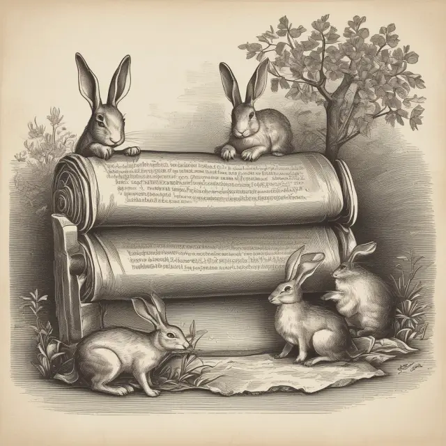 Imagery of a scroll guarded by rabbits representing the security and immutability of Rabbi Trusts for employer benefits.