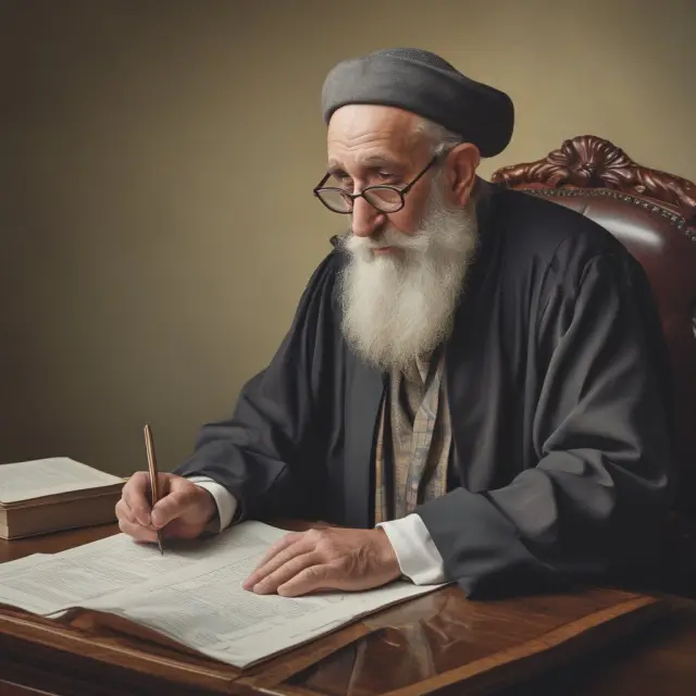 Rabbi representing stability and trust in an institutional setting, with documents symbolizing the agreement of the rabbi trust.