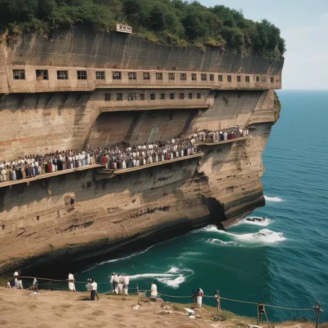 An unstable garment factory on a cliff edge, representing the dangers of sacrificing ethics and regulations for competitiveness