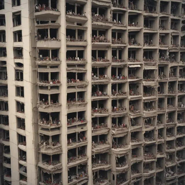 Image of the Rana Plaza building in Dhaka, Bangladesh, with workers on its crumbling roof, representing the dangerous conditions and tragic consequences of lax labor standards.
