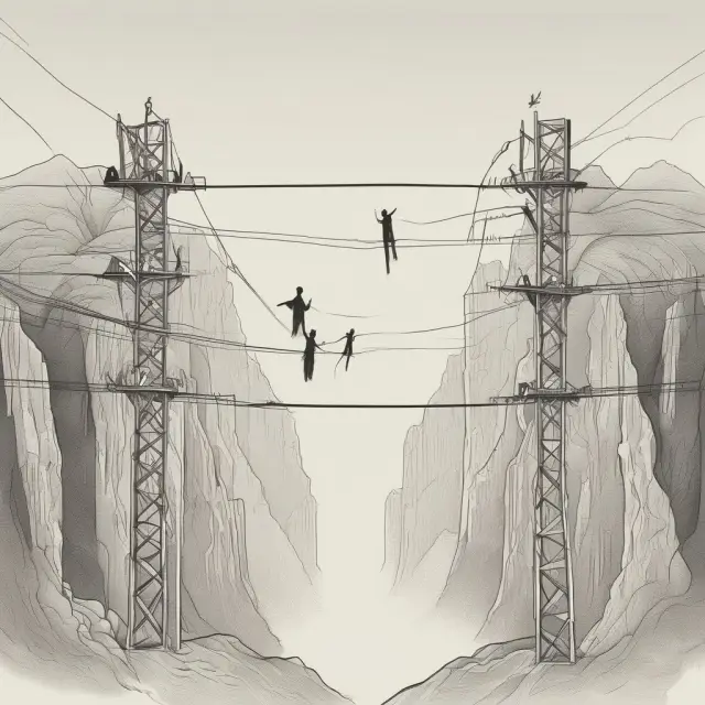 A consumer balancing on a tightrope between ethical practices and low prices in a metaphorical representation of the challenge consumers face in preventing the race to the bottom.