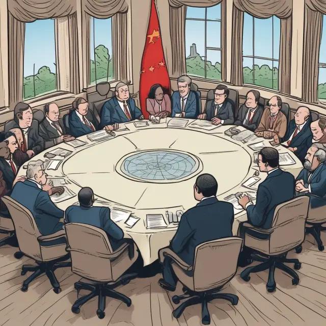 Governments collaborating at a round table, discussing and signing agreements to prevent a race to the bottom in labor rights, regulations, and ethical practices