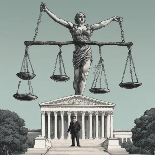 An image of a Supreme Court balance scale symbolizing the race to the bottom, with workers