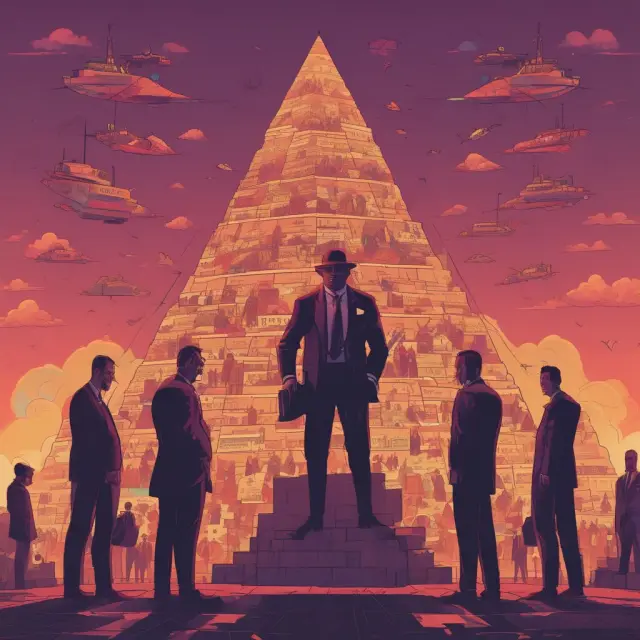 Mafia boss on a pyramid representing various industries, meeting with cyber hackers and drug traffickers