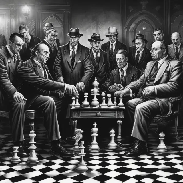 An image of mafia dons and corporate executives engaging in corrupt practices, symbolizing the significance of the RICO Act.