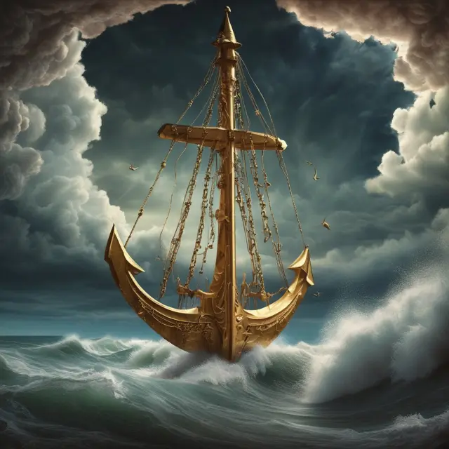 A tranquil sea with a gold anchor symbolizing the temporary calming effect of a short-term market rally