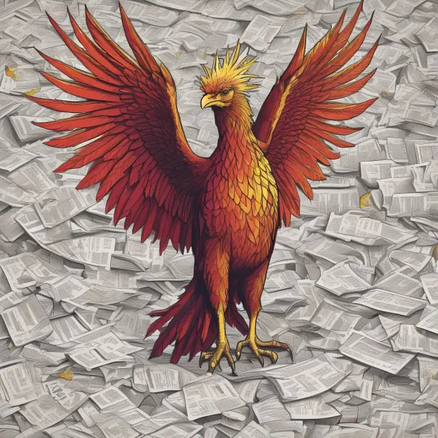 A mythical Phoenix rising above regulatory documents and economic graphs, illustrating long-term market rallies influenced by policy changes and interest rates.