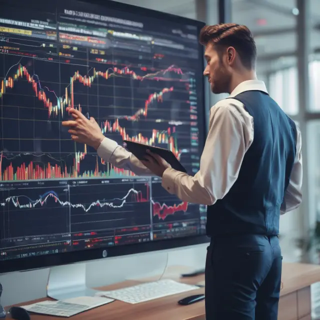 A sailor on a boat uses oscillators, trend indicators, and price action analysis to navigate through stormy financial waters towards a rally