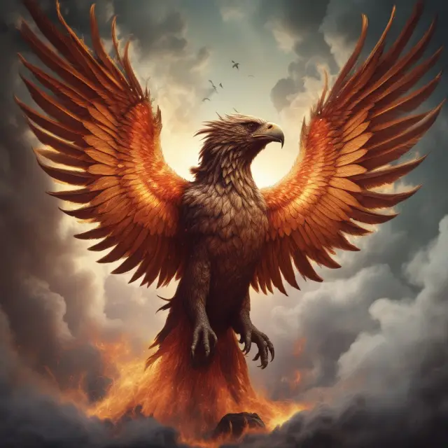 Phoenix rising above a burning stock chart, symbolizing a brief but significant price increase in a bear market
