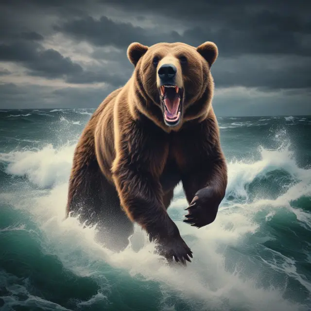 An investor holding a compass amidst turbulent waters, navigating through a bear market rally