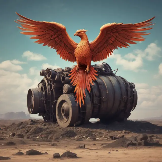 An image of a mythical phoenix emerging from fire, surrounded by outdated machinery and capital investment symbols