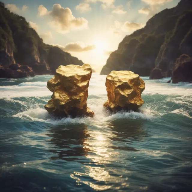 An image of a golden nugget precariously balanced between two dynamic tides, symbolizing the delicate balance and interconnectedness of ramping up and scaling up as growth strategies in business