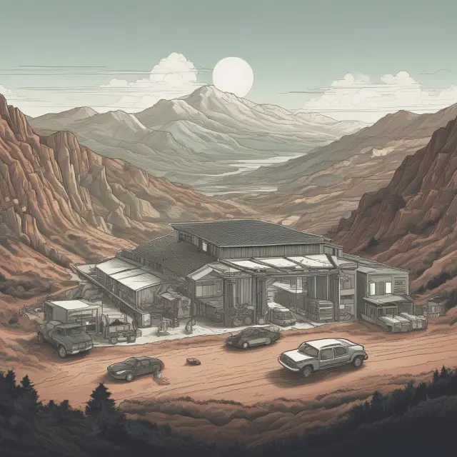 A trio of giants, Tesla, Apple, and Amazon, ascending production mountains, symbolizing their successful ramp-ups