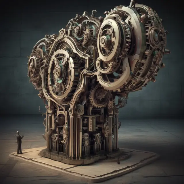 Corporations symbolized as intricate gears, with continuous R&D represented by the driving force keeping them innovative and moving forward