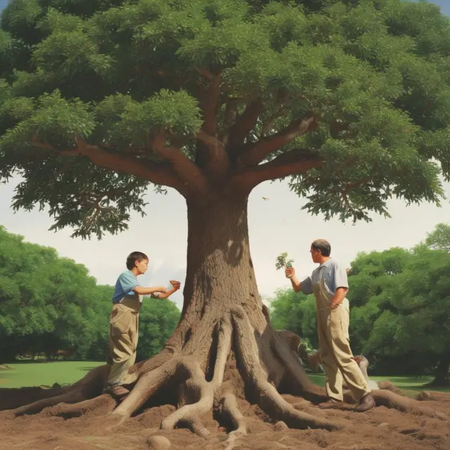 A gardener tenderly caring for a tree with seeds of fundamental and applied research taking root, symbolizing innovation and growth in R&D.
