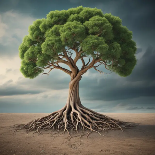 An innovative tree growing towards the future with deep roots symbolizing R&D and its benefits for long-term business growth