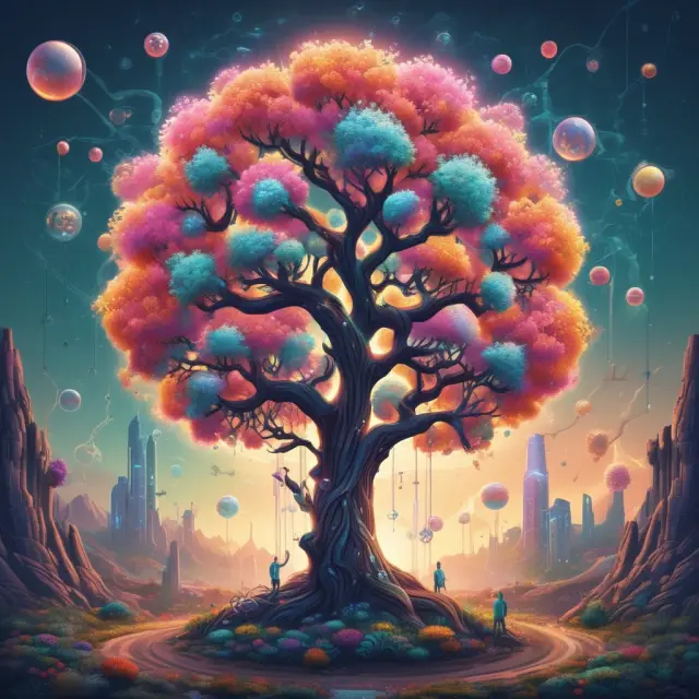 Futuristic landscape with ideas as trees, AI gears, nanotech flowers, renewable energy suns, and biomedical test tubes