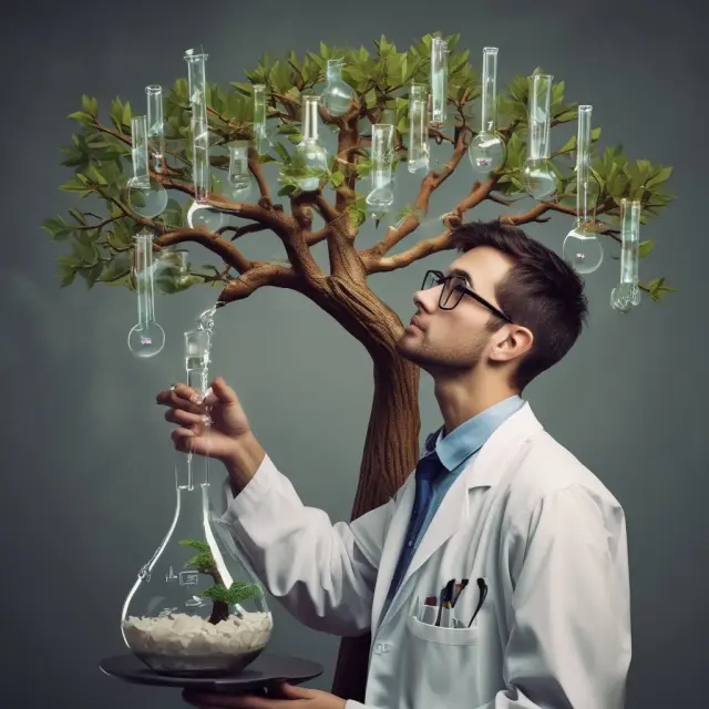 Scientist pours knowledge into a growing innovation tree, representing the importance of research and development in creating new products and improving offerings