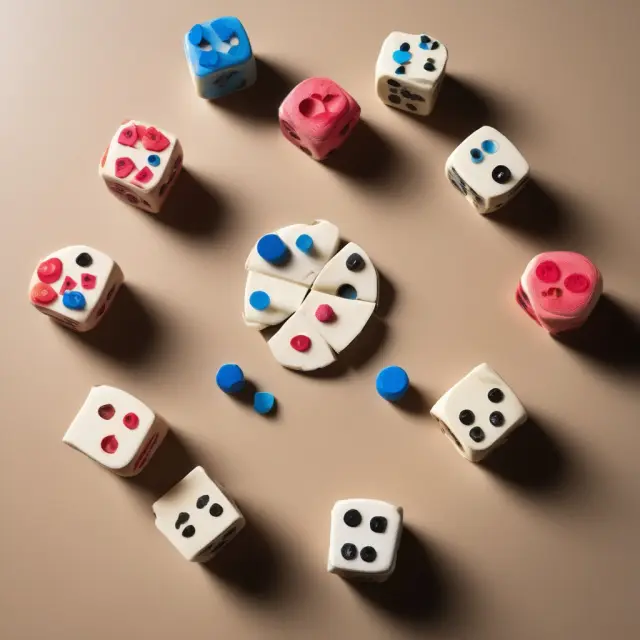 A fair dice rolling on a table with distinct sections resembling slices of a pie chart