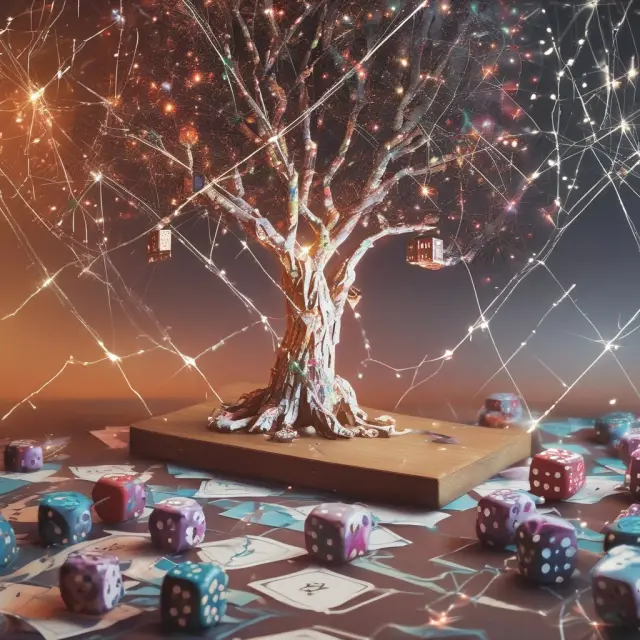 Insurance dice rolling on a table symbolizing risk factors, probability trees depicting investment growth, and consumer behavior fireworks illustrating marketing campaigns
