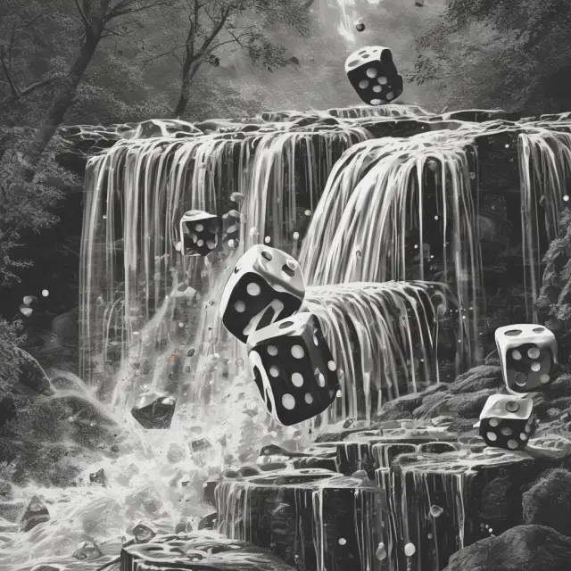Dice falling through a waterfall, representing discrete and continuous elements in mixed random variables