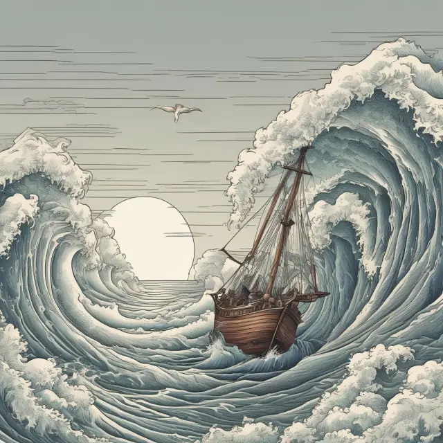 A vast, constantly churning sea with market waves carrying the Efficient Market Hypothesis sailing towards a map of stock prices reflecting all available knowledge.