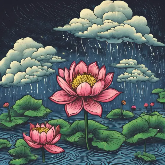 An image of market turbulence giving way to a blooming lotus flower, representing the long-term value of accepting random walk theory in investing.