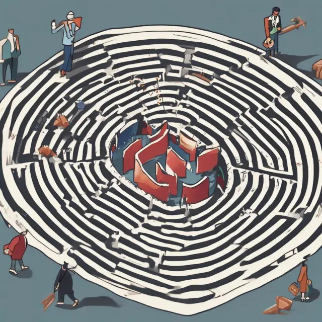 A taxpayer navigates a labyrinthine maze of federal and state tax systems, guided by the IRS agent holding a Revenue Agent Report.