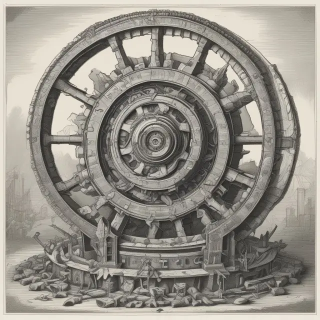 A giant cogwheel symbolizing the ratchet effect, intertwined with a web of government bureaucracy