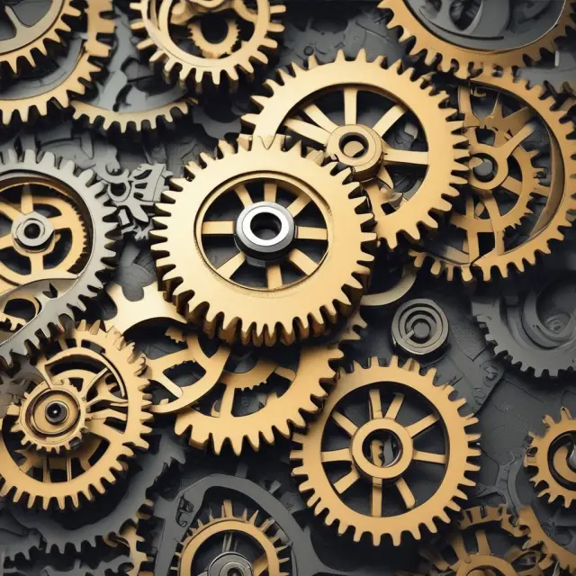 A mechanical ratchet mechanism with interconnected cogs representing various economic processes undergoing the ratchet effect.