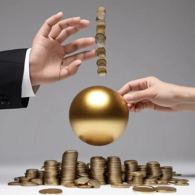 A golden ball is shared between two hands. The right hand symbolizes rate-and-term refinancing with a calculator, while the left hand represents cash-out refinancing with a pile of coins.