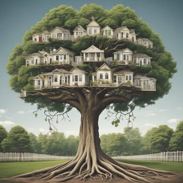 A large, nurtured tree symbolizing mortgage lending and fair housing laws, with branches extending towards equal access to financing opportunities.