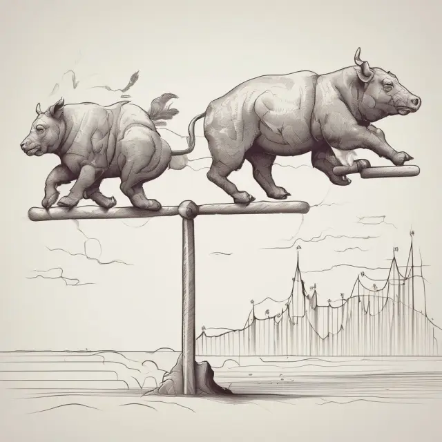 Sawtooth structure with bulls (buy signals) and bears (sell signals), representing rate of change and moving averages in finance