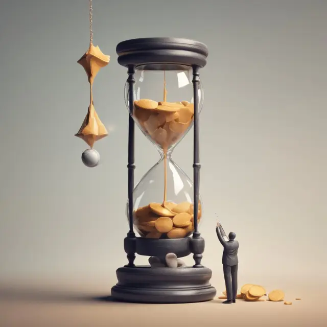 An investor holding a sand hourglass, symbolizing time, as cash flows fill it until the hourglass tips and the internal rate of return is reached.