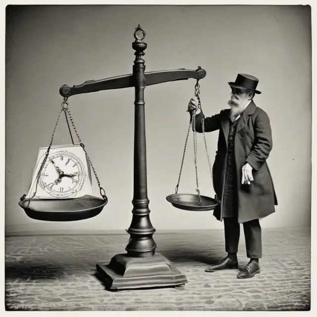Time Traveler balancing two scales: Nominal rate on one side, Real rate on the other - illustrating their difference.