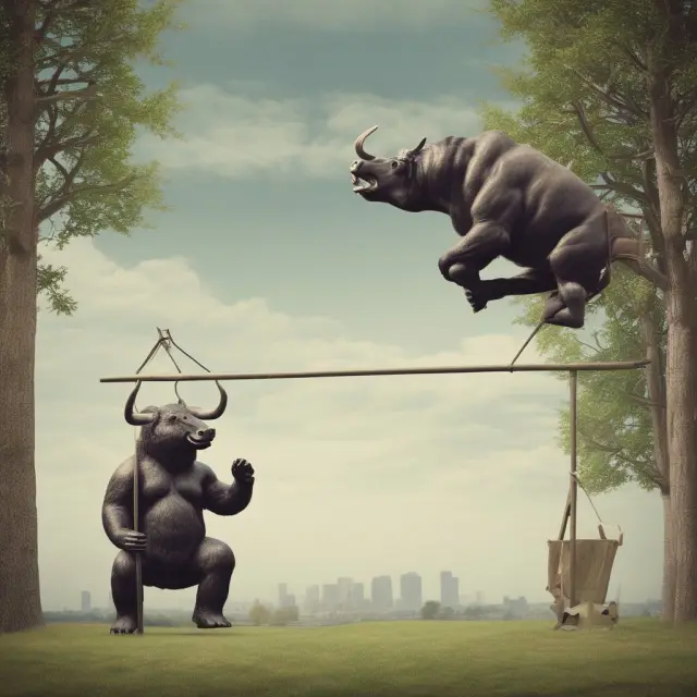 A seesaw with a buy-side bull and sell-side bear engaging in a metaphorical tug-of-war, illustrating their contrasting roles, responsibilities, and stock market ratings.
